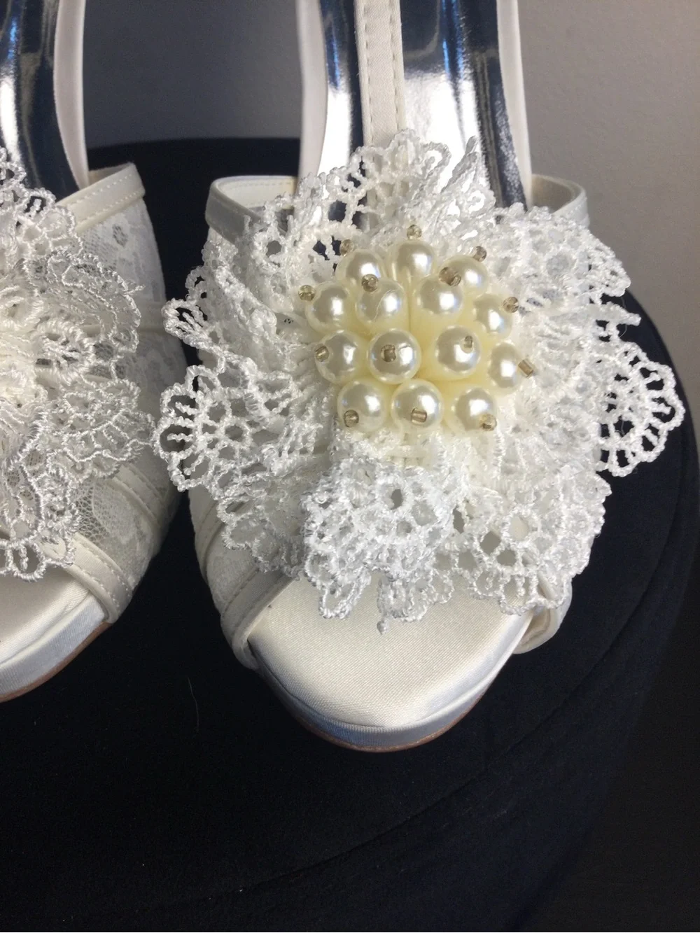 White Lace Pearl-Embellished T-Strap High Heel